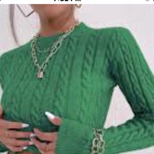 Lands End Green Heavy Cable Crew Neck 100% Cotton Sweater NWOT